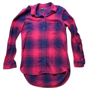 Madewell Flannel Plaid Button-Up Boyfriend Shirt, XS, Cotton Tunic, Fitted, Cozy